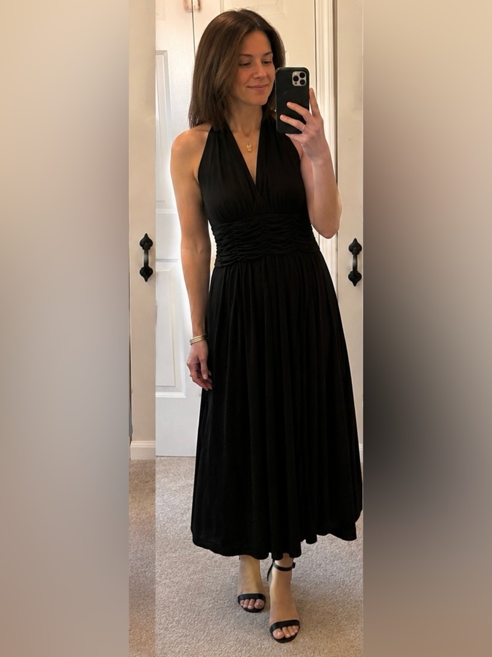 Evan Picone Black V-Neck Ruched Waist Maxi Dress